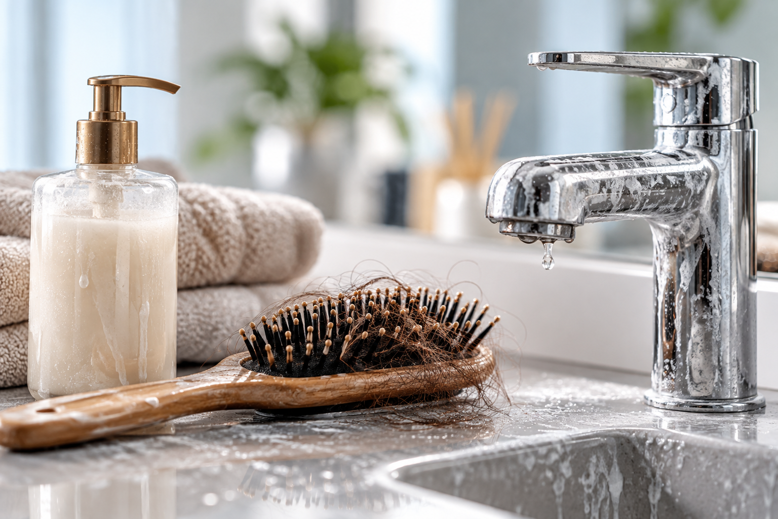 Hair brush, soap and a faucet with hard water residue
