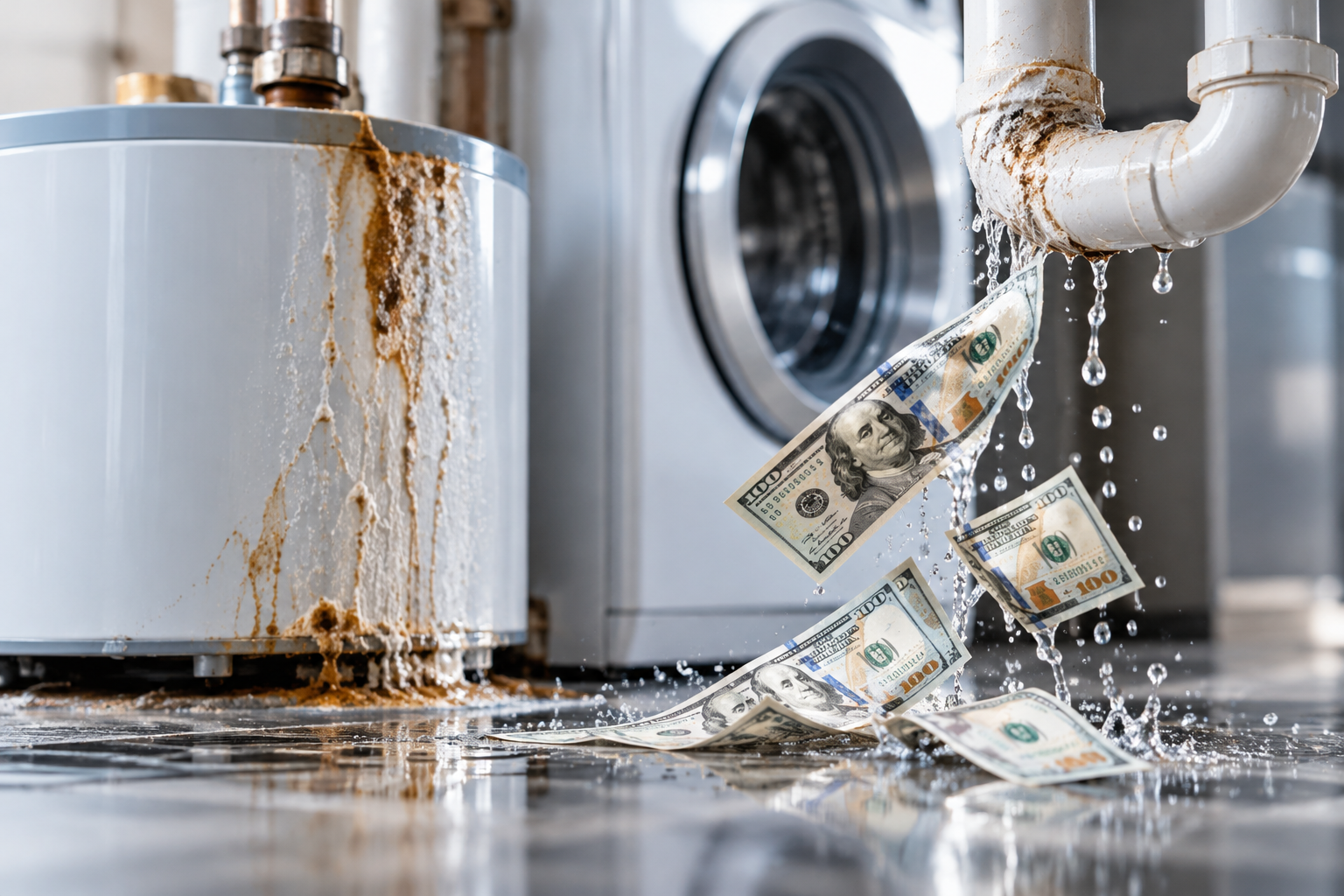 Money washing away from a corroded pipe