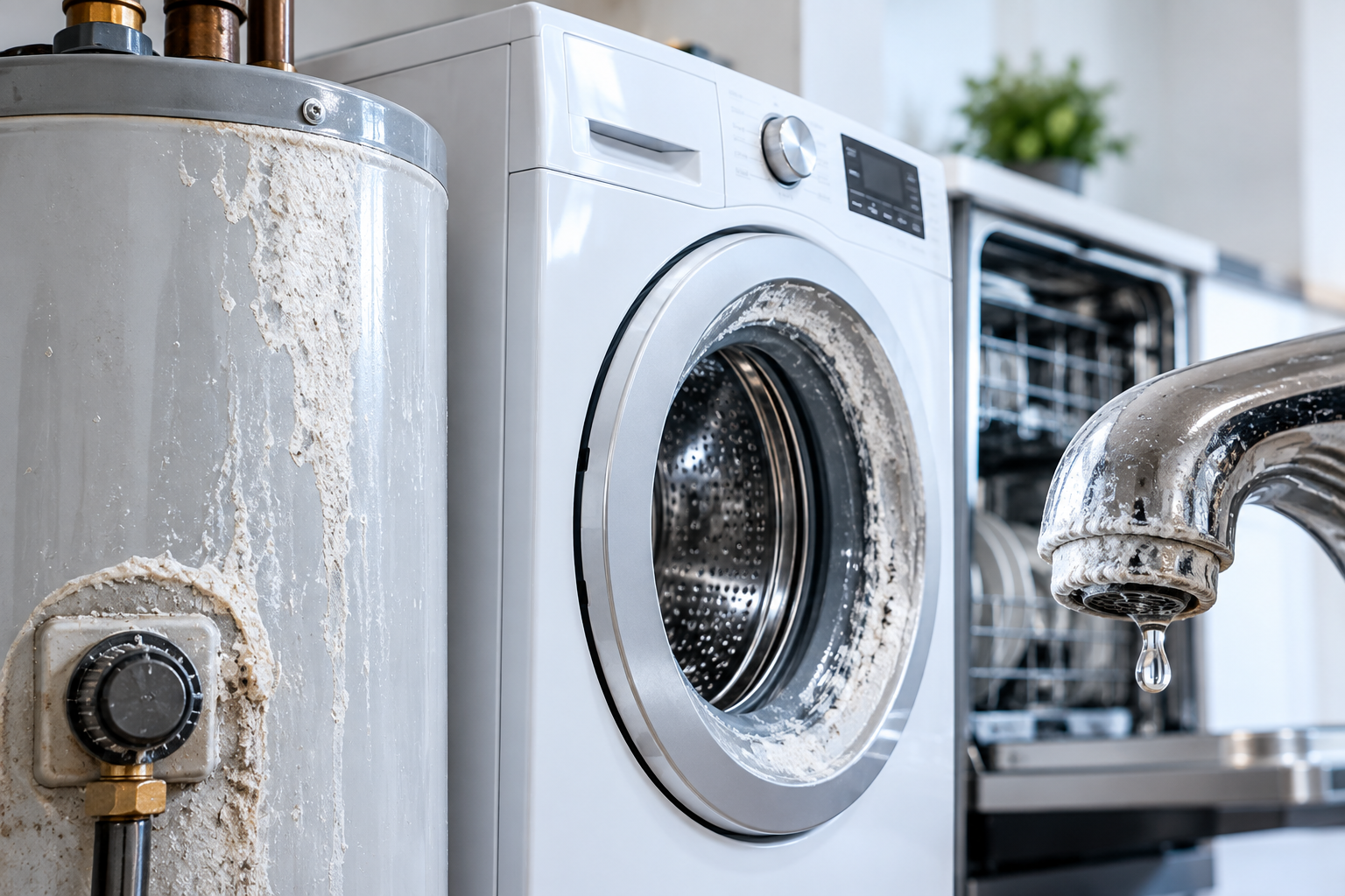 Scale buildup on water heater, washer and faucet
